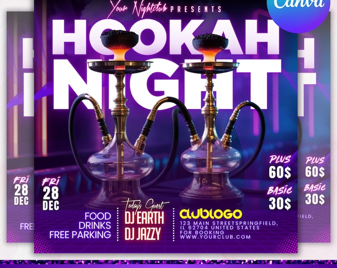 Hookah Party Flyer, Hookah Lounge Flyer Template, Club Party flyer, Event flyer, Red Party Flyer, Social Media Template, Canva Editable