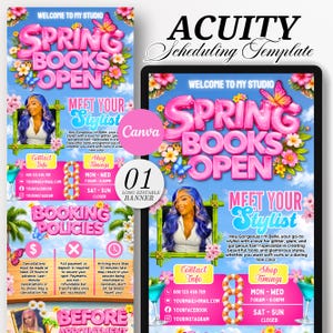 May include: A digital flyer with a pink and blue color scheme, advertising a stylist's services. The text reads "Spring Books Open" and "Meet Your Stylist." Includes contact information, shop timings, and booking policies. Features floral and butterfly graphics.