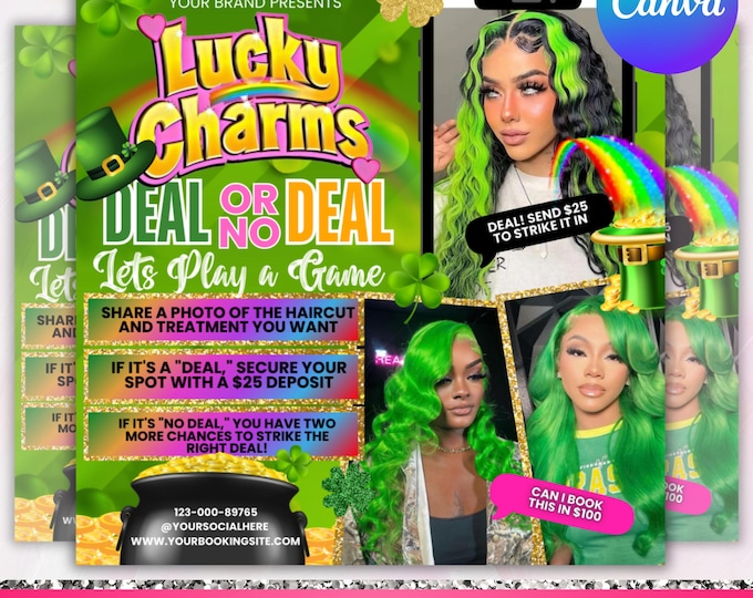 Deal or No Deal Flyer, March Booking Flyer,Deal or No Deal Hair,St. Patricks Flyer,March Madness, March Hair,Braids,Nail,Lash,Canva Editable
