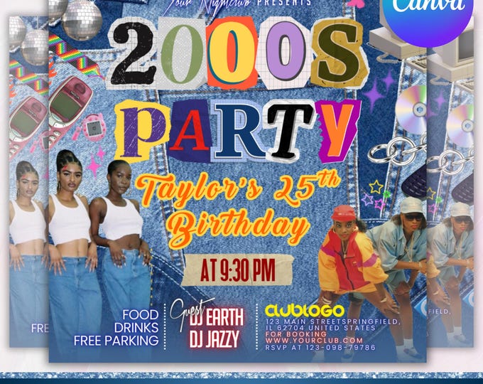 Early 2000s Themed Party Flyer, Retro Birthday Party, House Party Invite, Club Party Flyer, 90s Club DJ Theme Flyer, Canva Editable