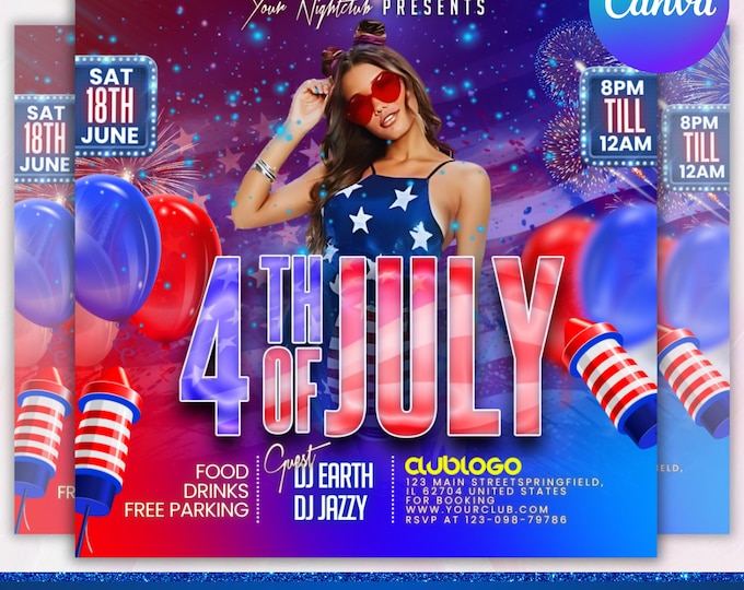 4th of July Party Flyer, Independence Day Party Flyer, USA Celebration Flyer, Patriotic Party Flyer, Club Party Flyer, Canva Editable
