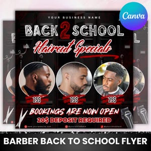 Barber Booking Flyer, Back to School Barber Shop Flyer, Haircut, Book Now, Social Media Flyer, Barbershop Business, Canva Editable