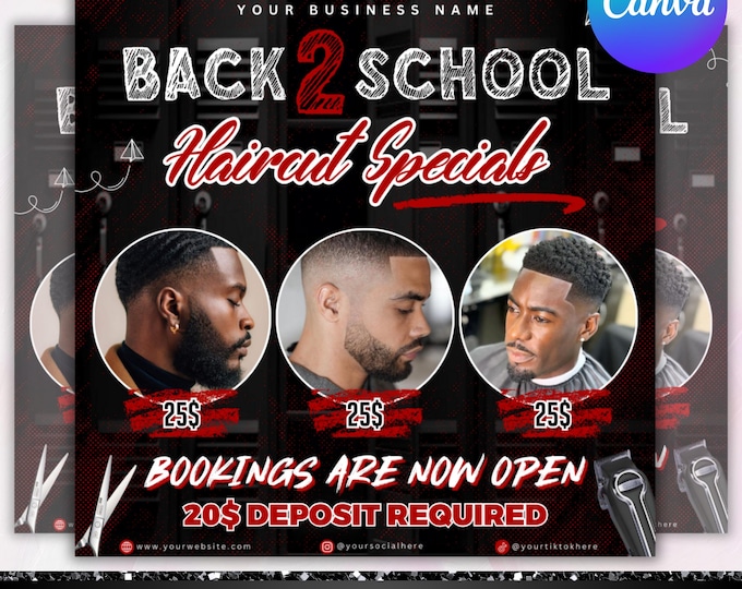 Barber Booking Flyer, Back to School Barber Shop Flyer, Haircut, Book Now, Social Media Flyer, Barbershop Business, Canva Editable
