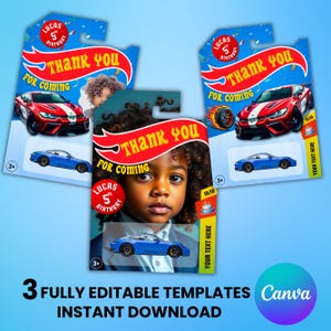 Embalagem de carro de brinquedo, modelo de embalagem de carro de brinquedo, etiqueta de lembrancinha de aniversário de carro para impressão, suprimentos para festa de etiqueta de carro de corrida, Canva editável