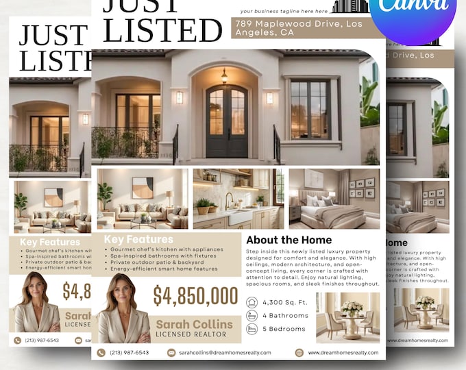 Just Listed Flyer Template, Just Listed Flyer, Real Estate Marketing, Editable Canva Template, Real Estate Postcard, Realtor Flyer Canva