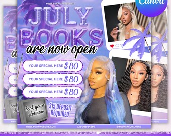 July Booking Flyer, July 4th Flyer, Now Booking July, Hair Braid Lash Brow Flyer, Books Open, Nail wig install Hair Flyer, Canva Editable