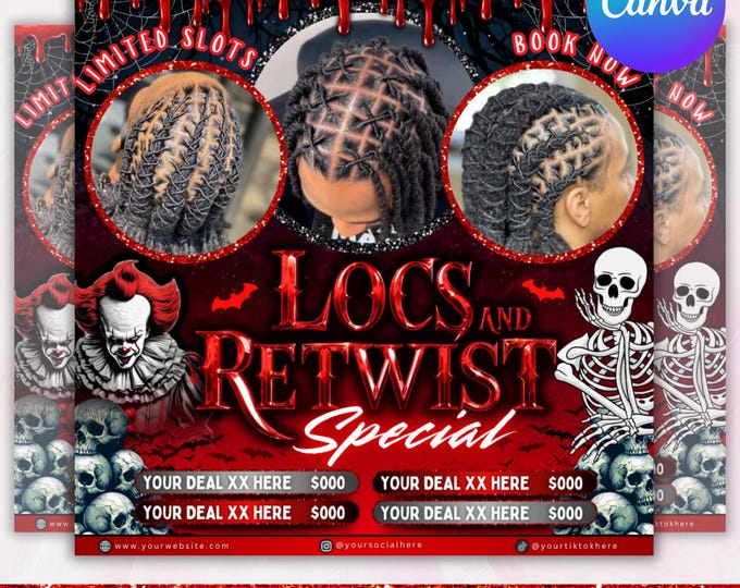 Locs & Retwist Flyer, October Hair Specials, Spooky Szn Booking Template, Spooktober Braids, Loctician Hairstylist Flyer, Editable Canva