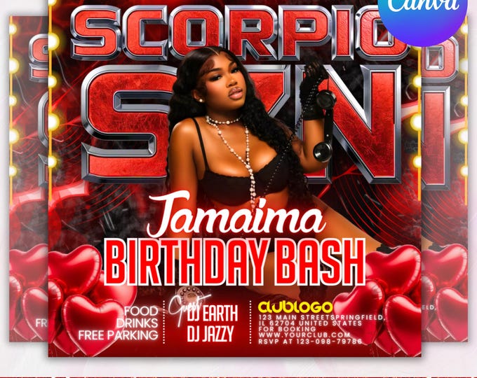 Scorpio Birthday Flyer For Her, Casino Poker Birthday Girl, Happy Birthday Flyer, Scorpio Season, Scorpio Party, Editable Celebration Flyer