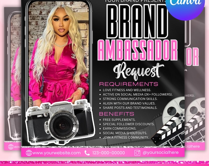 Brand Ambassador Flyer, Brand Ambassador Wanted Flyer, Influencer Flyer Models Wanted Flyer, Social Media Flyer, Canva Editable
