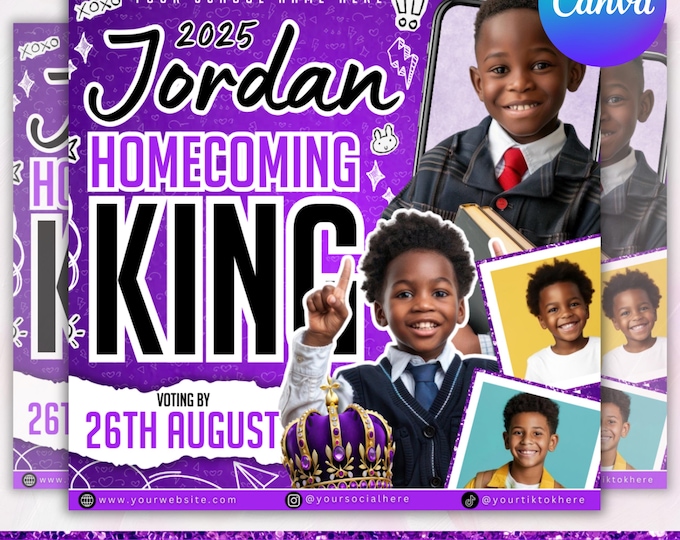 Homecoming King flyer, Homecoming Queen Flyer, homecoming campaign flyer, Vote Homecoming, HOCO Flyer, Vote for me Flyer, Canva Editable