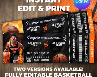 Basketball Ticket Template, Basketball Ticket, Printable Basketball Ticket, Sports Game Ticket, Basketball Tickets Gift, Canva Editable