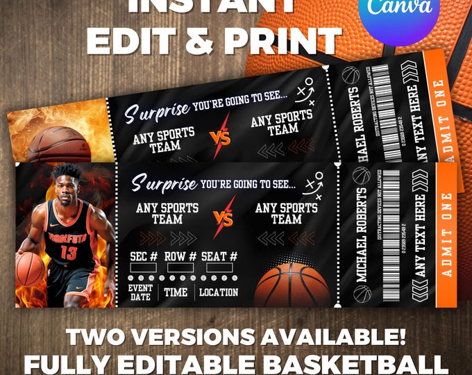 Basketball Ticket Template, Basketball Ticket, Printable Basketball Ticket, Sports Game Ticket, Basketball Tickets Gift, Canva Editable