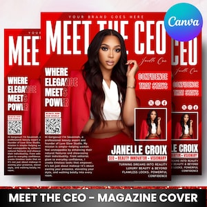 May include: Magazine cover design featuring a woman in a red blazer. The cover includes the text "MEET THE CEO" in white, with details about beauty and confidence. The Canva logo is visible in the top right corner.