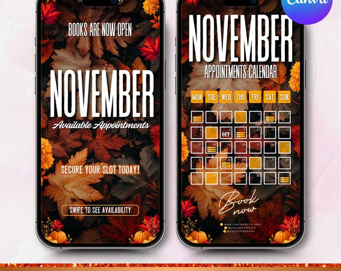 November Availability Calendar, Instagram Story Calendar, Halloween October Hairs Nails, Appointments Available, Canva Template