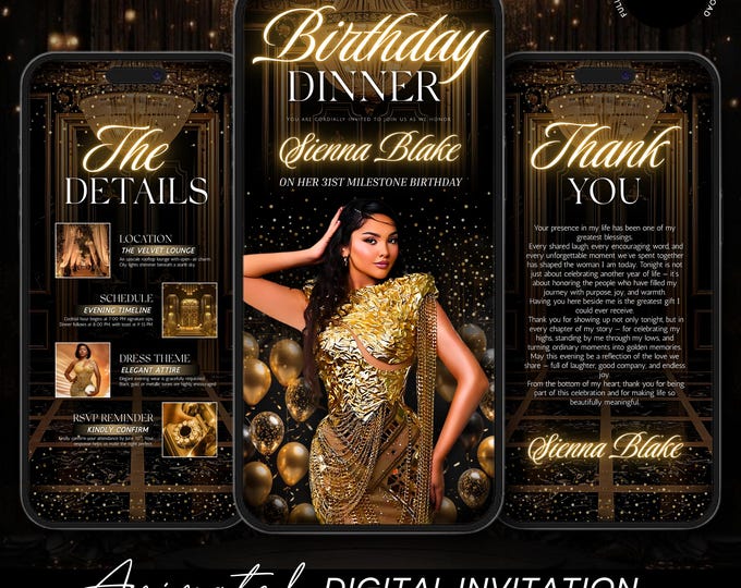 Black and Gold Birthday Dinner Invitation Video Template (Canva Editable)