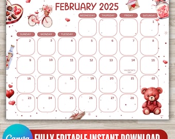 Editable February 2025 Calendar, February 2025 Calendar, Happy Valentine with Sweet Treats, Printable Kids School Schedule, Canva Editable