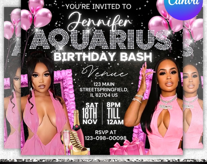 Aquarius Birthday Flyer, Birthday Party Flyer, Aquarius season,Birthday Party Evite,Birthday Girl Party, Aquarius Bash Flyer,Canva Editable