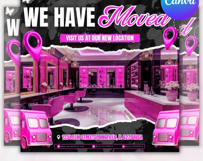 We Have Moved DIY New Location Flyer Relocating Alert Flyer Store Opening Flyer New Location Announcement Flyer Hair Makeup Lashes Nails Wig