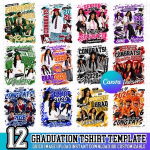 以下が含まれることがあります： 卒業Tシャツテンプレート12枚のコレクション。各デザインは卒業衣装を着た学生、2026年、そして「おめでとう」という言葉を特徴としています。テンプレートはカスタマイズ可能で、名前や学校の詳細を入力するスペースがあります。