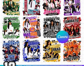 12x Graduation Photo Shirt Bundle for Canva, Editable Class of 2026 Senior T-Shirt Templates, High School Grad PNG Designs, DIY Grad Graphic