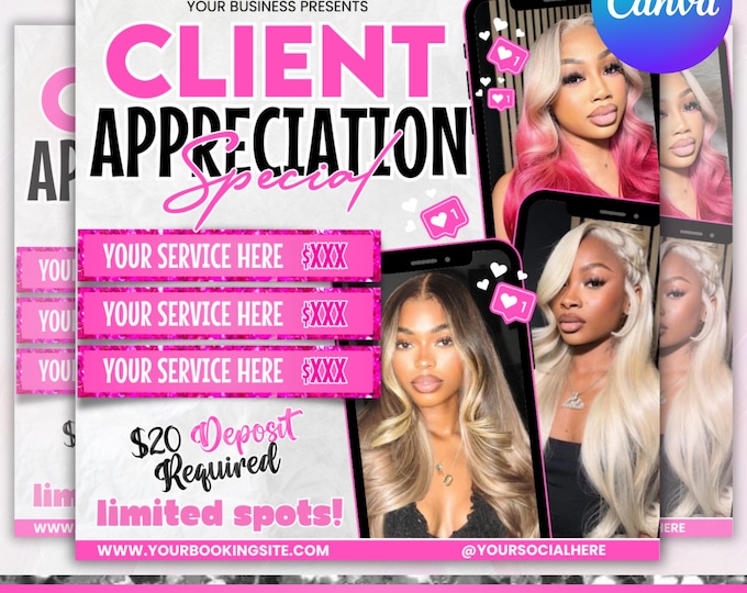 Client Appreciation Flyer, Customer Appreciation Flyer, Beauty Salon, Hair Stylist, Makeup Nails Lash Wig Braids Flyer,Lashes Canva Editable
