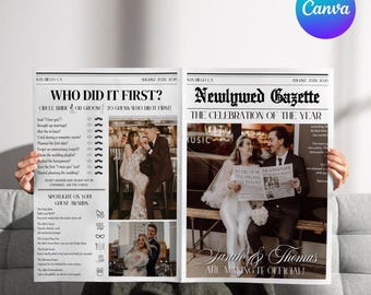 Wedding Newspaper Template, Wedding Newspaper Template with Photo, Folded Wedding Ceremony Newspaper, Newlywed Times, Canva Editable
