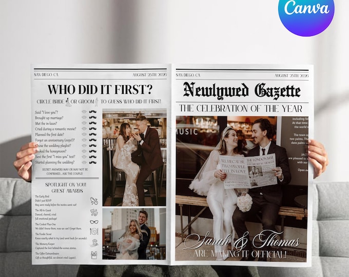 Wedding Newspaper Template, Wedding Newspaper Template with Photo, Folded Wedding Ceremony Newspaper, Newlywed Times, Canva Editable