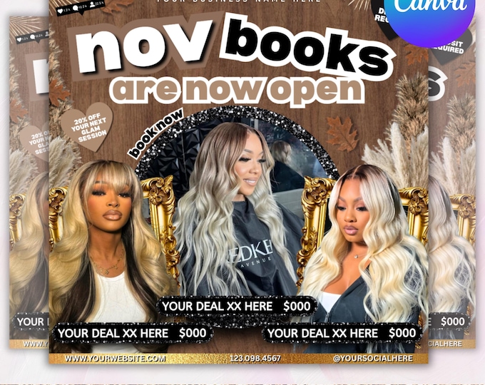 November Booking Flyer, Fall Szn Booking Flyer, Thanksgiving Book Now, November Hair Lash Nail Braids MUA Wig Autumn Flyer, Canva Editable
