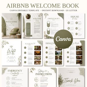 May include: An Airbnb welcome book Canva editable template in US letter size. The document features a sage green and white color scheme with botanical illustrations. Pages include welcome notes, house rules, check-in details, wifi, local dining, and emergency contacts.