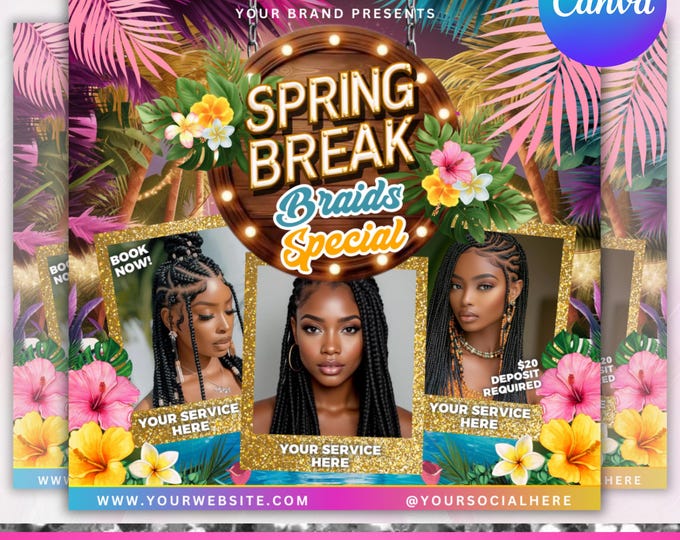 Spring Break Booking Flyer, Spring Booking Flyer, Spring Break Sale Flyer, Spring Special Flyer, Hair Lash Nail Makeup Braids,Canva Editable