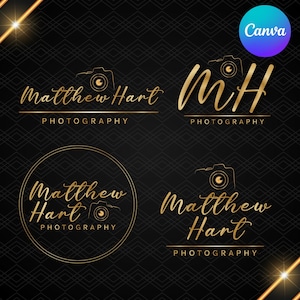 May include: Four gold logos for "Matthew Hart Photography" on a black background with a geometric pattern. Each logo features a camera icon and the business name in elegant script. One logo is in a circle.