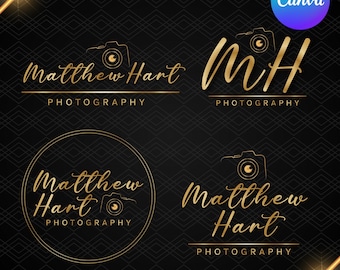 Puede incluir: Cuatro logotipos dorados para "Matthew Hart Photography" sobre un fondo negro con un patrón geométrico. Cada logotipo presenta un icono de cámara y el nombre de la empresa en escritura elegante. Un logotipo está en un círculo.