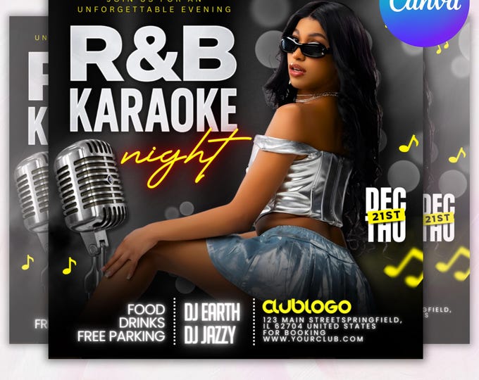 R&B Karaoke Night Flyer, RnB Karaoke Flyer Template, Party Invitation Template, Karaoke Night, Nightclub Party Template, Canva Editable