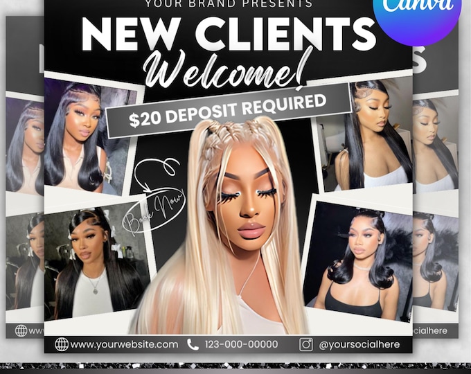 New Client Flyer,New Client Welcome Flyer,Hair Braids Lashes Wig Install Makeup Nails Booking Flyer,Appointment Booking flyer,Canva Editable