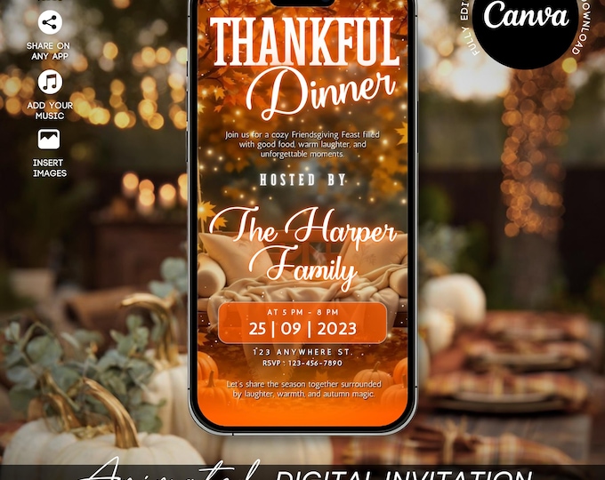 Animated Thanksgiving Cozy Pumpkin Dinner Invitation: Editable Thanksgiving Invite Digital Download Template Fall Dinner Celebration Invite
