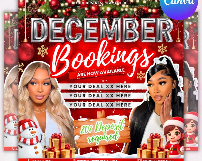December Booking flyer, Holiday Booking Flyer, Book Now Flyer, Christmas Sale Flyer, Lash, Hair, Makeup, Nails, Wig Flyer, Canva Editable