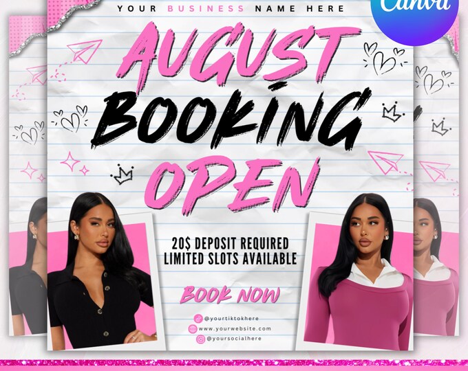 August Booking flyer, August Appointment Flyer, Back To School Flyer, Back to school sale flyer, Hair Braids Lash Wig Flyer, Canva Editable