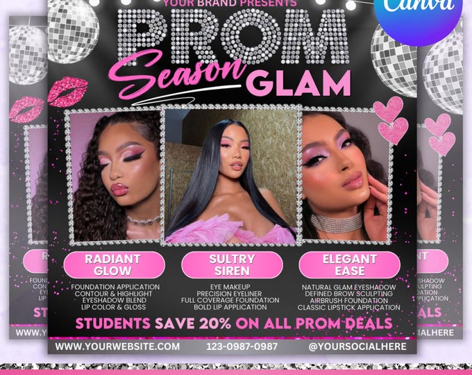 Prom Bookings Flyer, Prom Makeup Flyer, Prom Queen MUA Flyer, Prom Lashes Flyer, Beauty Makeup Artist Flyer, Canva Editable
