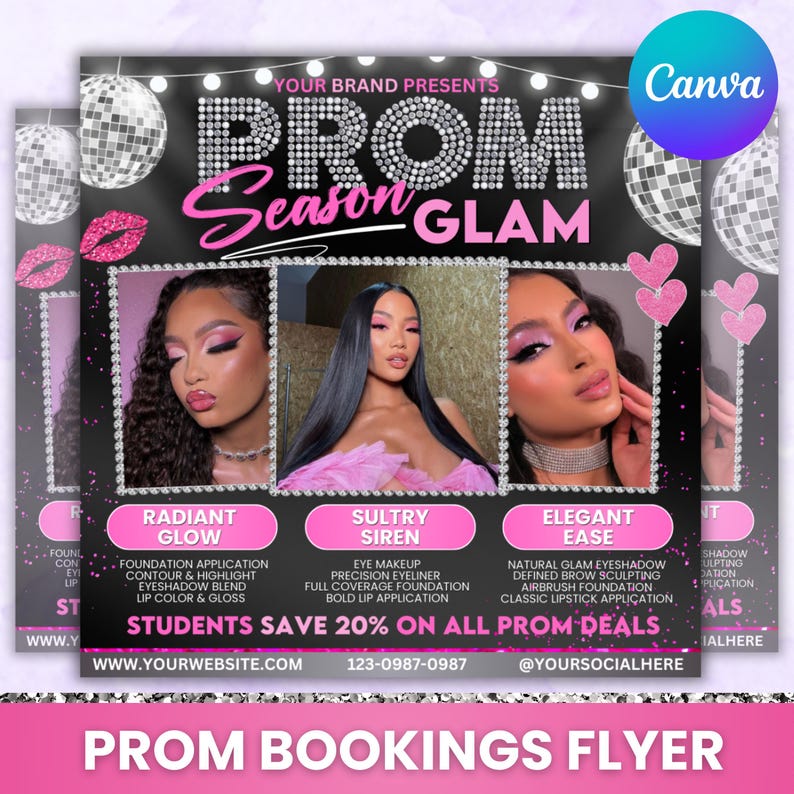 Prom Bookings Flyer, Prom Makeup Flyer, Prom Queen MUA Flyer, Prom Lashes Flyer, Beauty Makeup Artist Flyer, Canva Editable