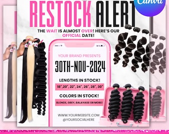 Restocked Flyer, Restock Flyer, Back In Stock Flyer, Hair On Hand Flyer, Wig Restocked, Hair Restocked, Hair flyer, Canva Editable