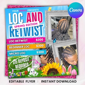 Locs Specials Flyer, Loc And Retwist Flyer, Dread Locks Flyer, Loc Styling Braids Flyer, Hairstylist, Loctician,Locs Special, Canva Editable  Loc And Retwist Flyer, March Booking Flyer, March Bookings, St. Patricks Flyer, Hairstylist, Loctician, Locs Special, Canva Editable April Booking Flyer Template - Spring Bookings - Easter Appointment Flyer - Hair Lash Makeup Nail Book Now Flyer - Canva Template  April Booking Flyer, April Beauty Specials, Spring Books Open, Spring Booking,