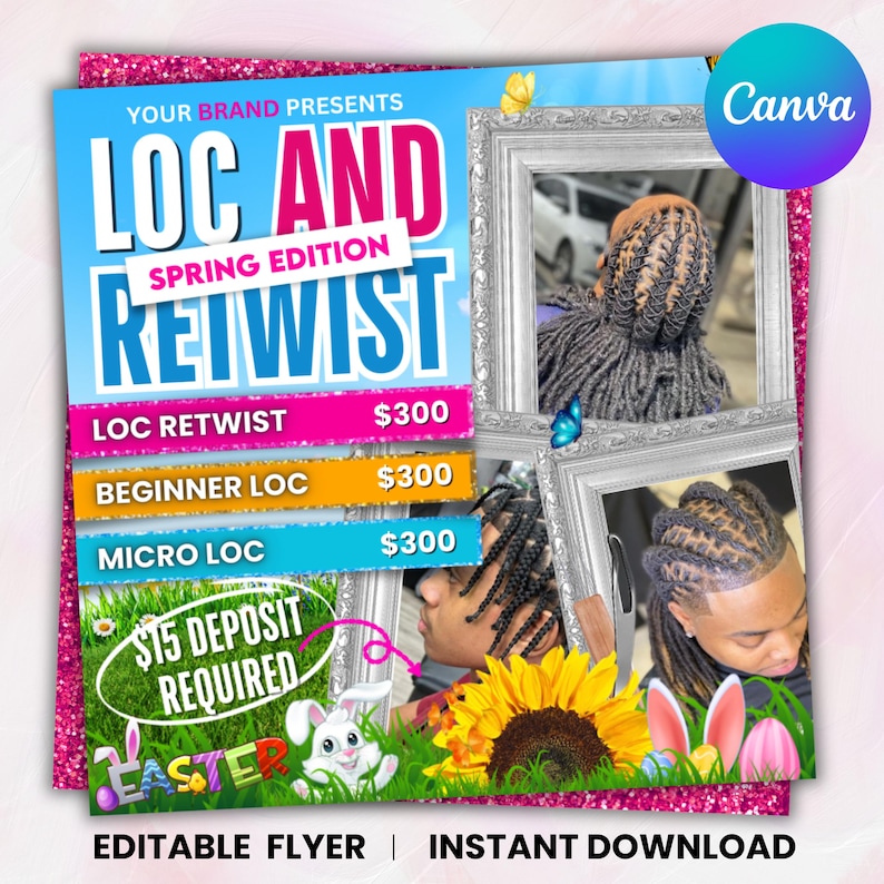 Locs Specials Flyer, Loc And Retwist Flyer, Dread Locks Flyer, Loc Styling Braids Flyer, Hairstylist, Loctician,Locs Special, Canva Editable  Loc And Retwist Flyer, March Booking Flyer, March Bookings, St. Patricks Flyer, Hairstylist, Loctician, Locs Special, Canva Editable April Booking Flyer Template - Spring Bookings - Easter Appointment Flyer - Hair Lash Makeup Nail Book Now Flyer - Canva Template  April Booking Flyer, April Beauty Specials, Spring Books Open, Spring Booking,