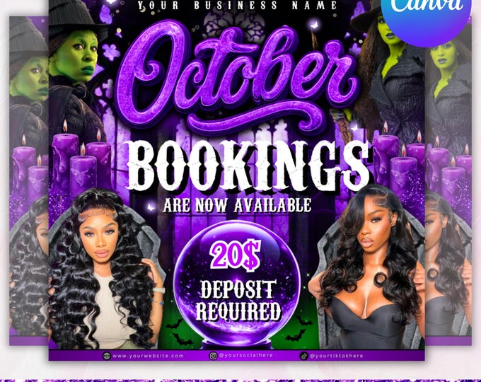 October Booking Flyer, October Books Open, Halloween Hair Flyer, Spooky SZN Flyer, October Hair Flyer, Nails MUA Lash Locs Wig, DIY Canva