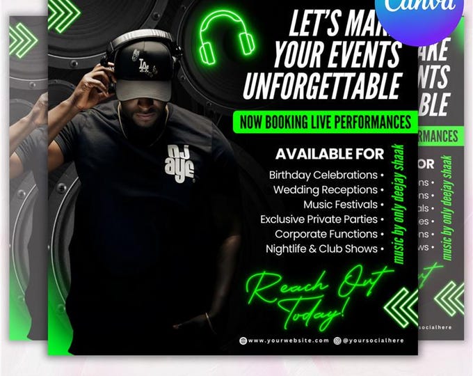 DJ Booking Flyer Template - Editable Event Promotion for Birthdays, Weddings, Club & Corporate Events- Canva Template