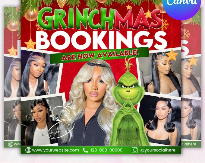 Grinchmas Flyer, December Booking Flyer, Christmas Booking Flyer, Hair Lash Nail Makeup, Holiday Booking Flyer, DIY Book Now Flyer