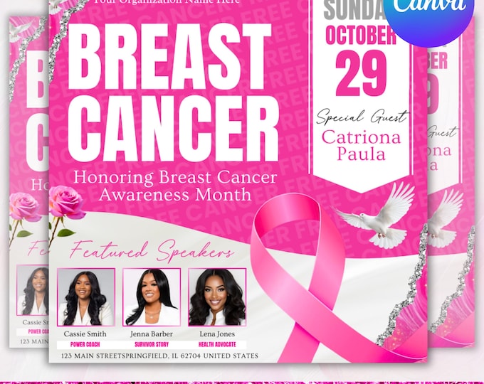 Breast Cancer Awareness Flyer, Pink Breast Cancer Event Flyer, Editable Pinktober Fundraising Flyer,Stronger Than Cancer Charity Event Flyer