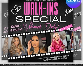 Walk Ins Flyer, Walk In Welcome Flyer, Walk In Today, Hair Booking Flyer Hair Salon Hairstylist Wigs Makeup Nails Lash Braids,Canva Editable