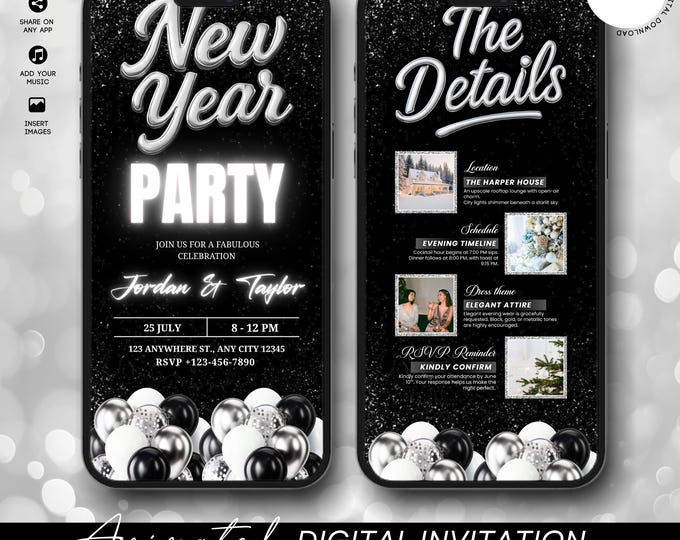 Digital New Year Eve Party Invitation, Animated NYE Celebration Invite, Black Gold Evite, Phone Text Email Invite, Editable Itinerary eCard