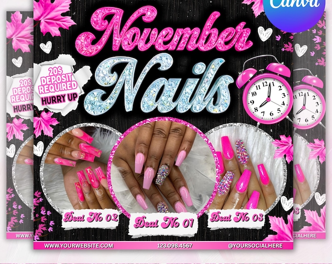November Nail Booking Flyer, Fall Szn Booking Flyer, Thanksgiving Book Now, Hair Lash Nail Braids MUA Wig Autumn Flyer, Canva Editable