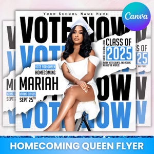 Könnte beinhalten: Ein Flyer für eine Homecoming-Queen-Kampagne. Das Design zeigt eine Frau in einem weißen Kleid und einer Abschlusskappe mit den Worten "VOTE NOW" in großen Buchstaben. Der Flyer enthält den Namen "Mariah" und den Text "Class of 2025".